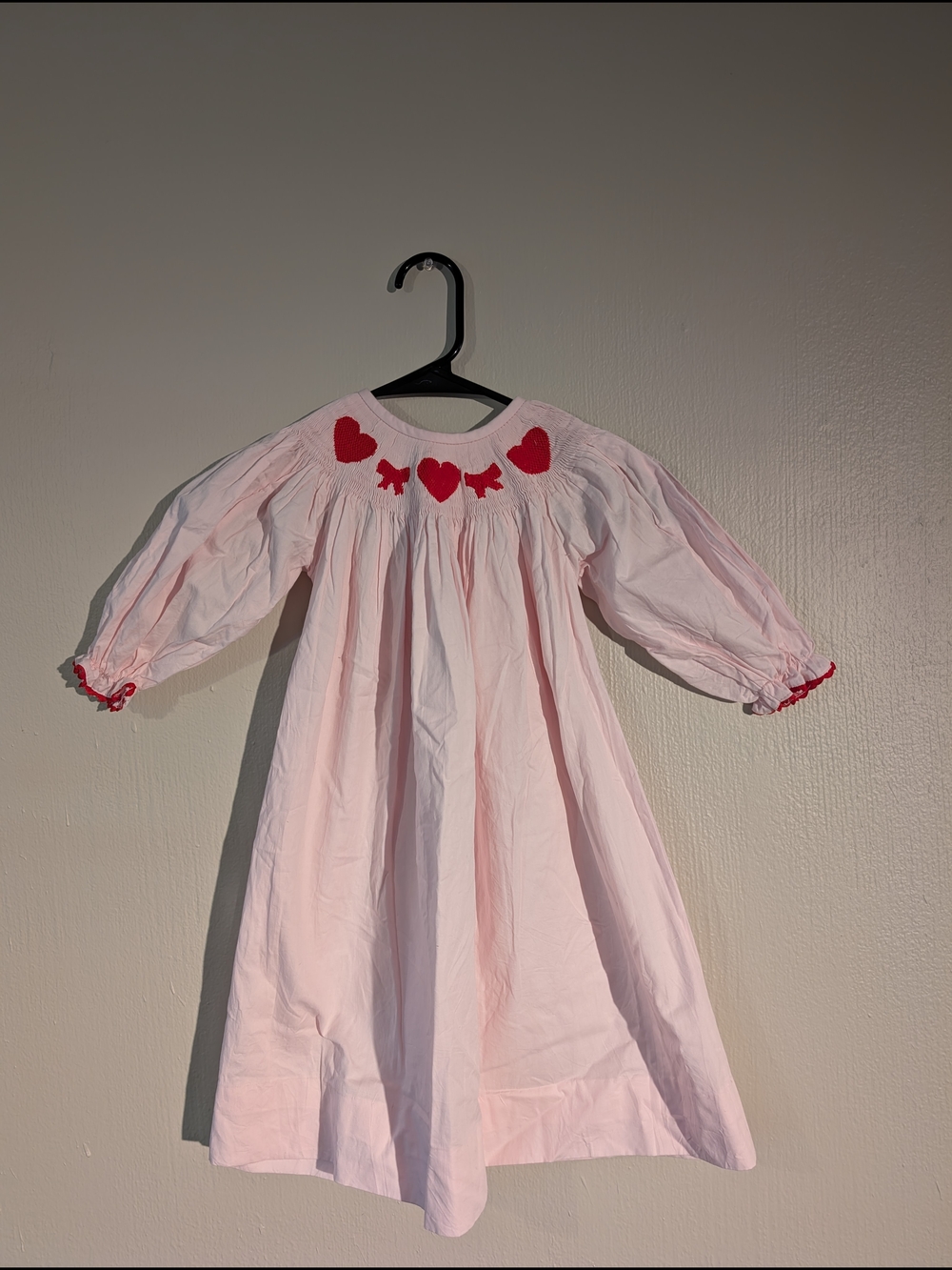Pink Heart Smocked Kids Dress with Red Embroidery
